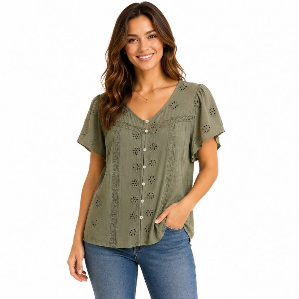 Maurices Olive Eyelet Lace Flutter Sleeve Top L